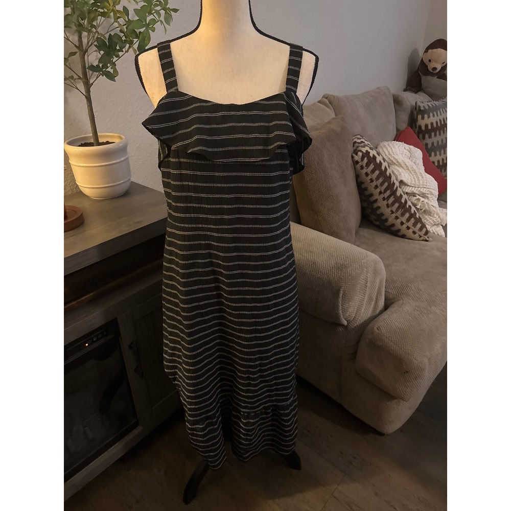 Banana Republic Black White Striped Ruffle Flounce Midi Dress Size 8